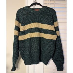 Y2K Oakton Limited Mens Green Tan Striped Knit Sweater Pullover Mens M Acrylic